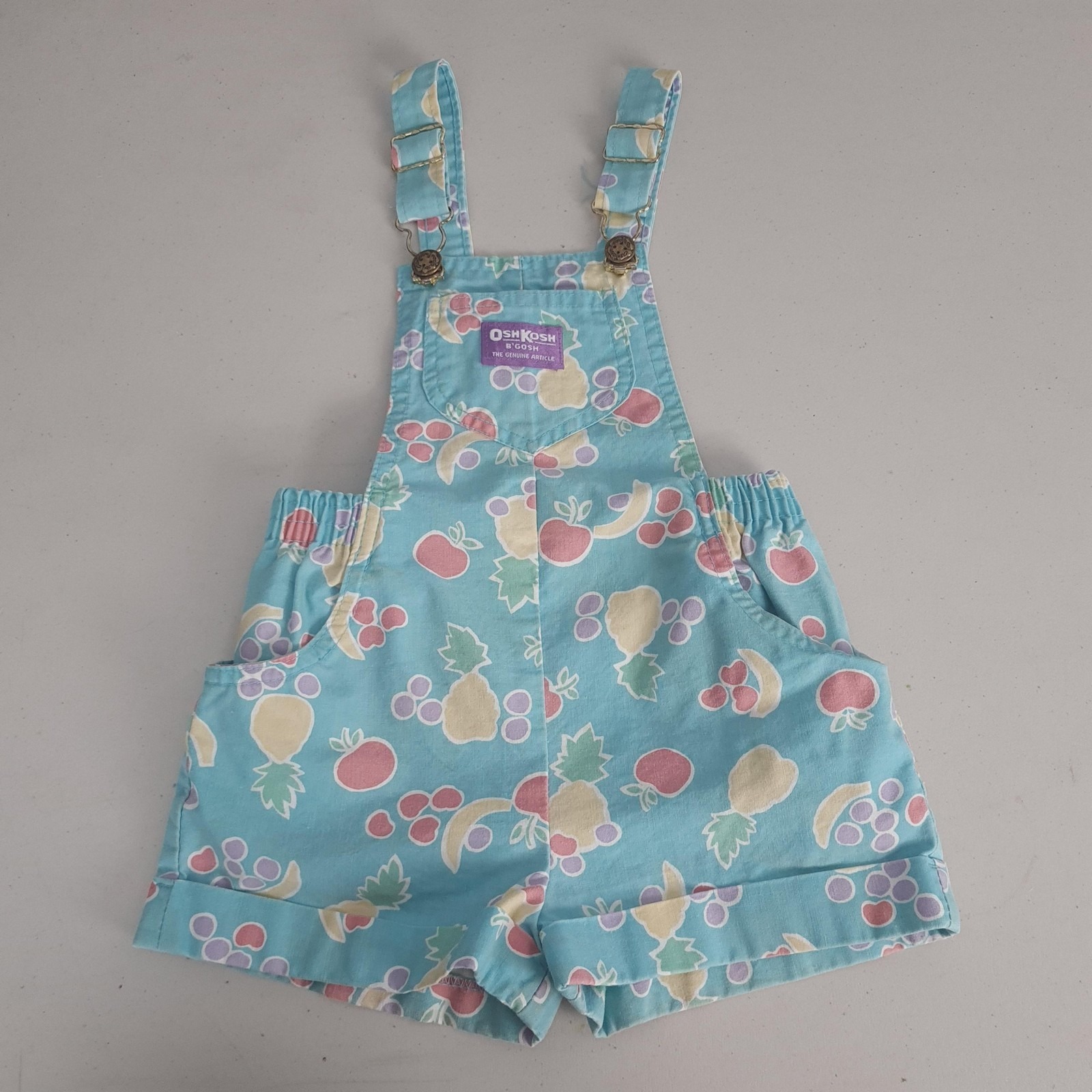 Vintage Oshkosh Bgosh Shortalls Girls 5 Blue Pastel Fruit Print Vestbak Usa 90s